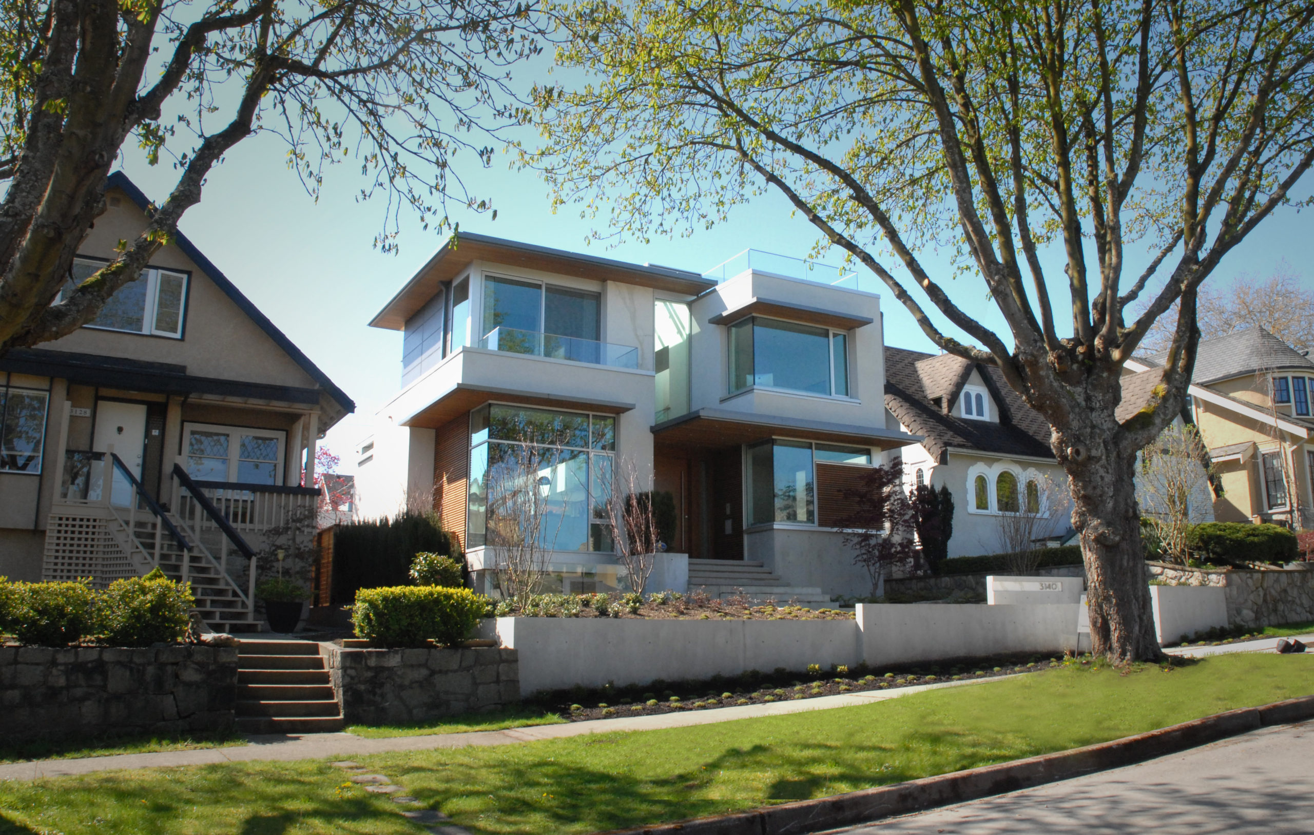 Front view of a contemporary custom home in Upper Dunbar, Vancouver.