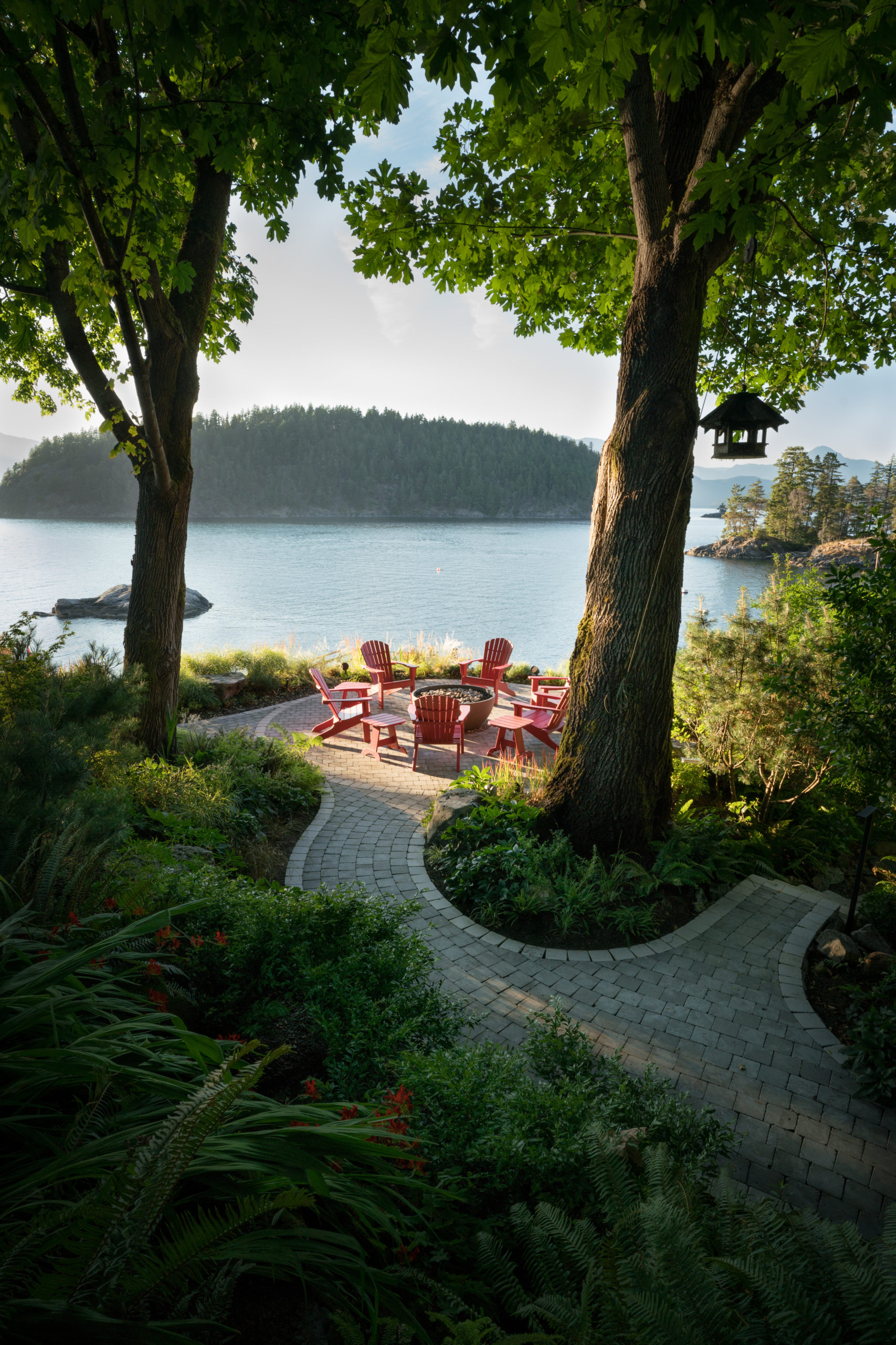 Firebowl with chairs in a custom built waterfront house on Bowen Island.