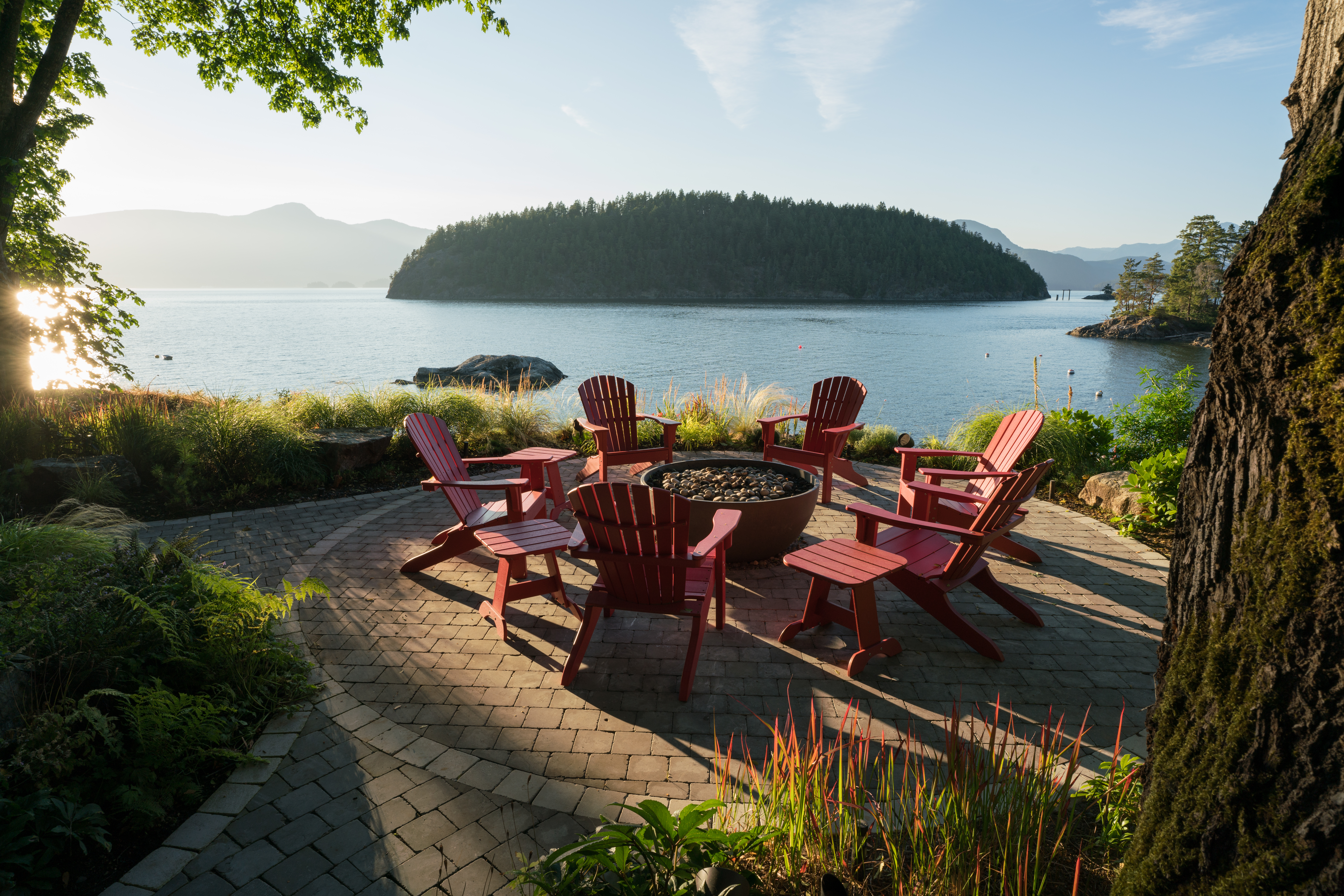 Firebowl with chairs in a custom built waterfront house on Bowen Island.