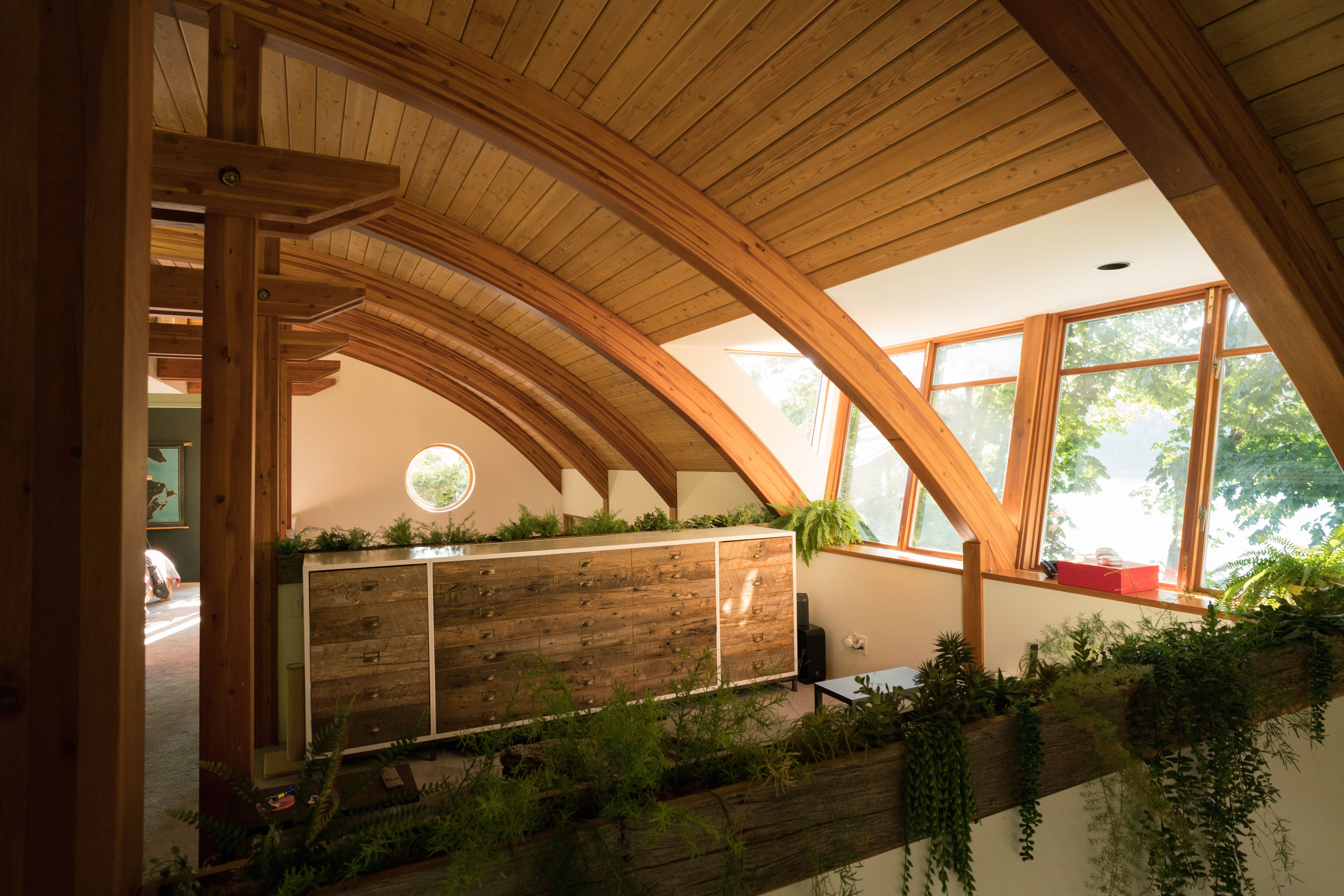 Timber frame ceiling at a custom built home on Bowen Island.