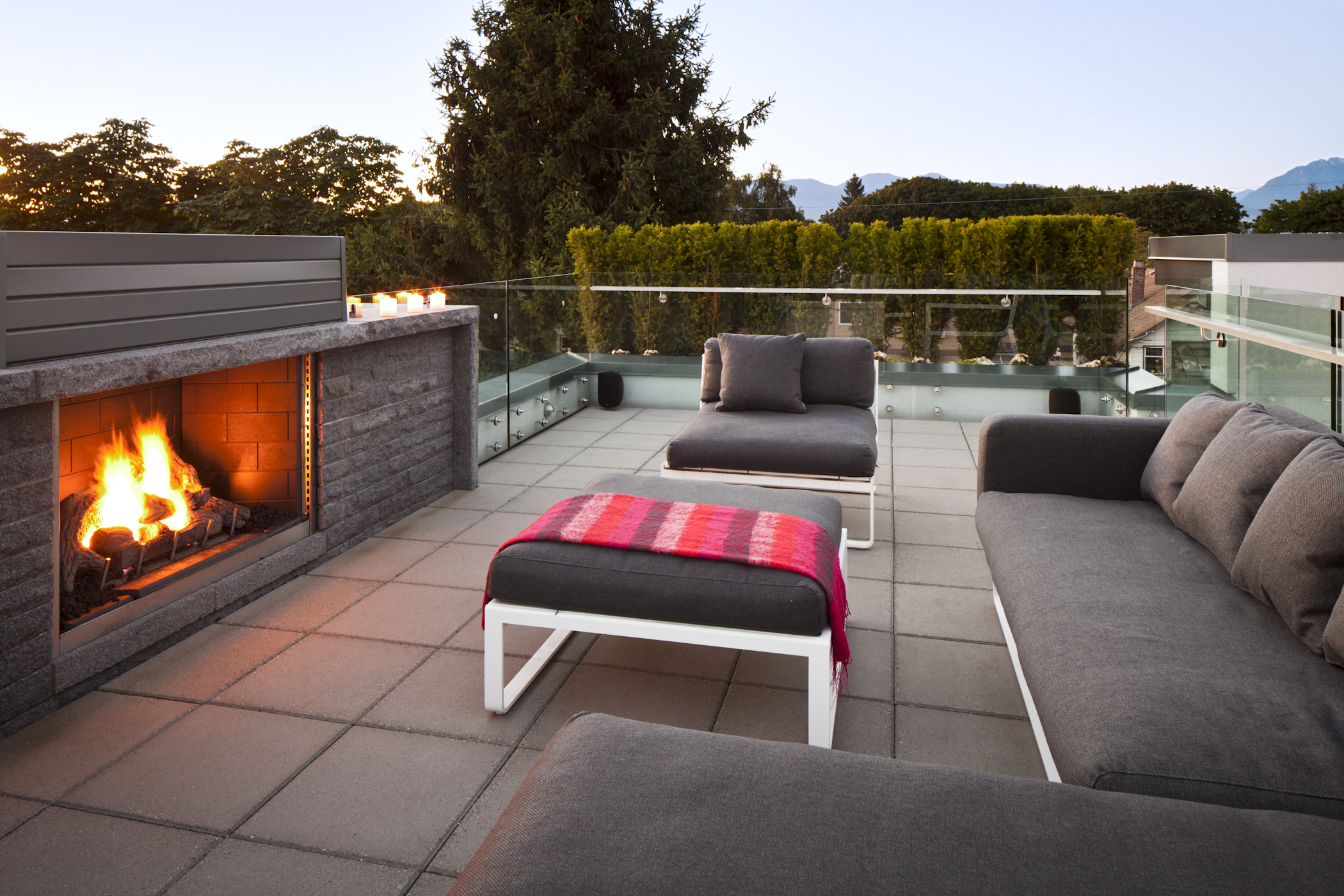 Outdoor fireplace design at a custom home in Vancouver.