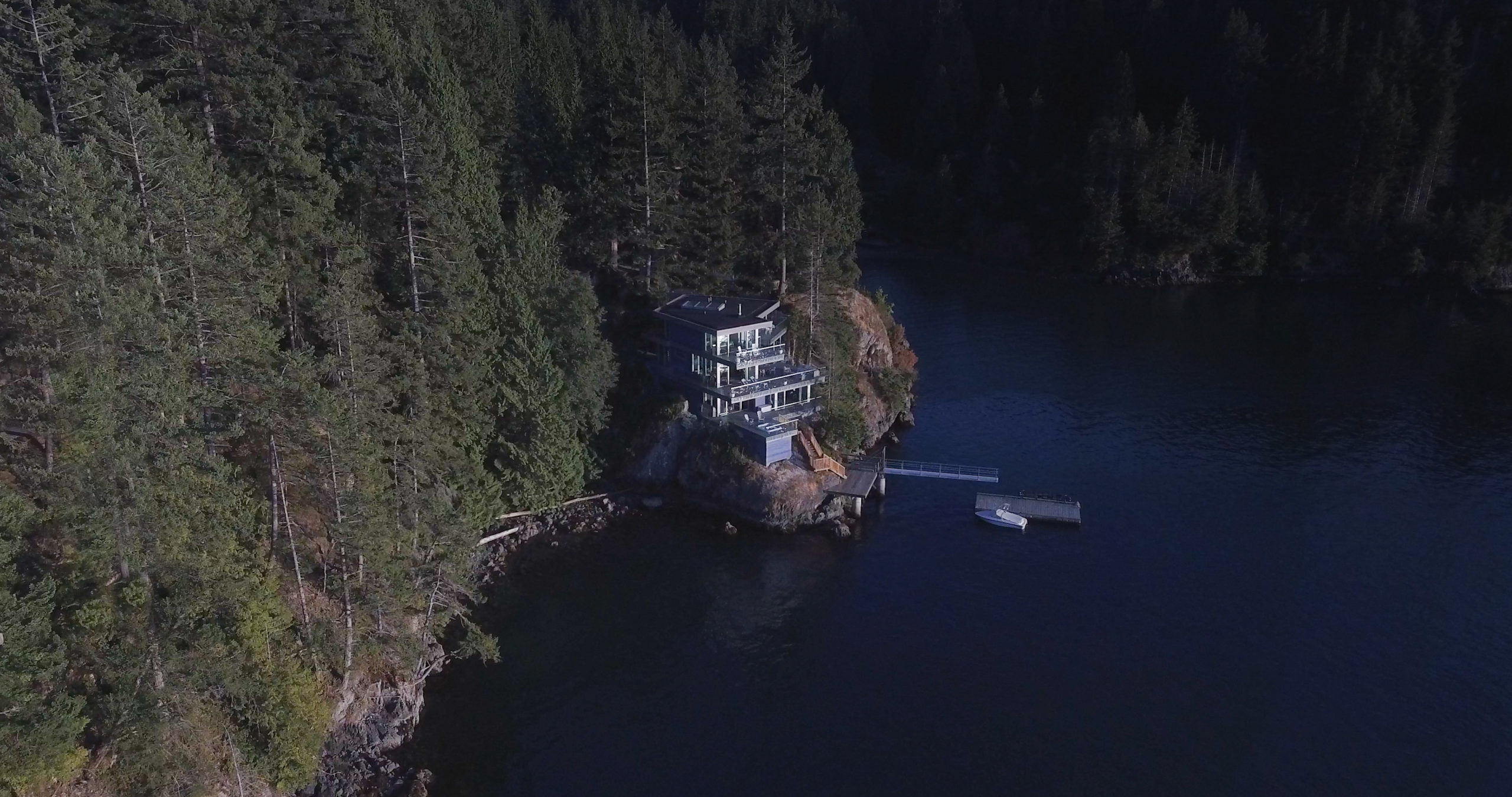 Aerial view of a contemporary and luxurious custom residence on Bowen Island.